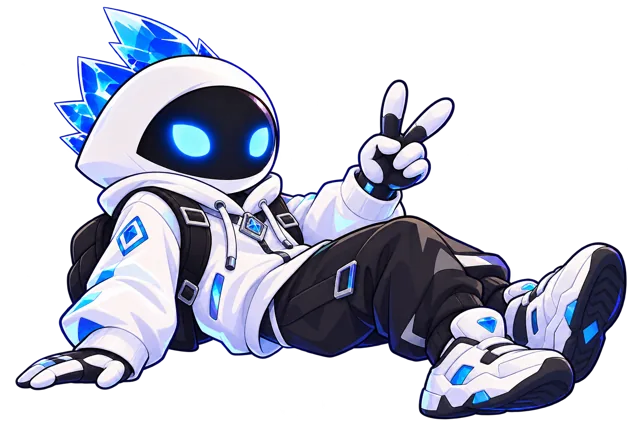 A lounging blue crystal ULTON giving a peace sign